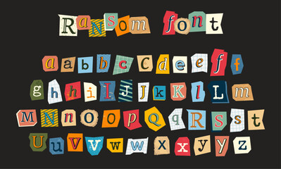 Vector ransom font isolated on black background. Diverse magazine cutout alphabet for collages and scrapbooking. Handmade typography type from newspaper.
