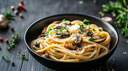 A bowl of pasta tossed with garlic butter mushrooms, topped with grated parmesan, against a dark wood background with herbs and spices scattered around