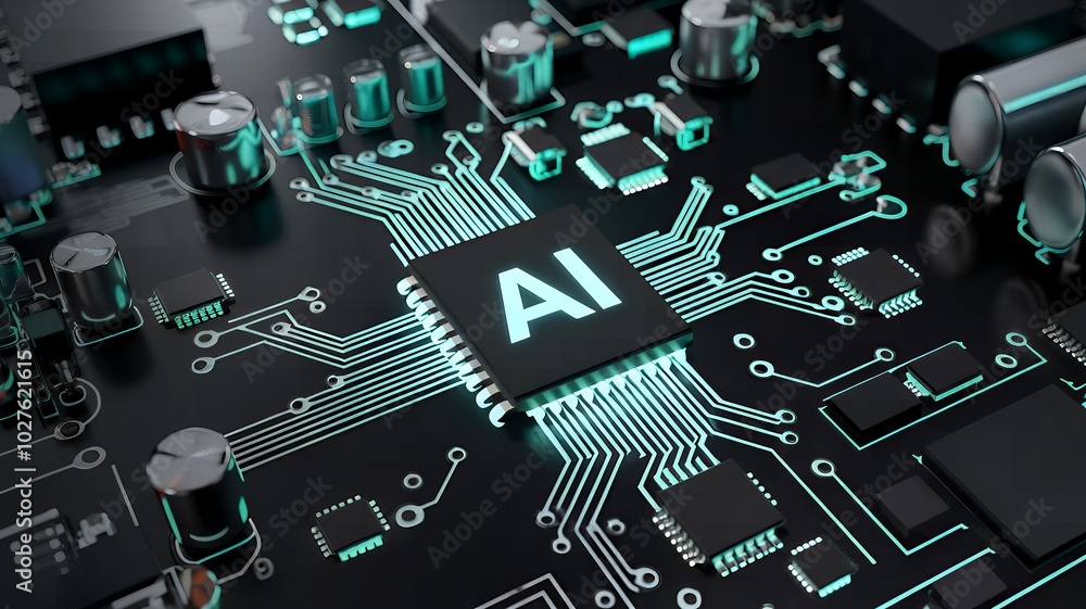 Poster ai chip glowing neon light with thin circuit lines and semiconductor on tech background