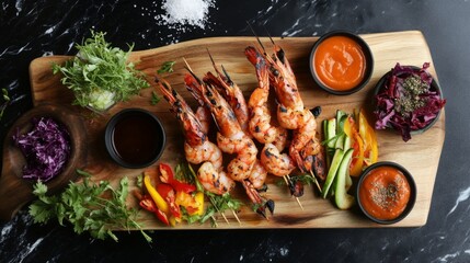 Grilled Shrimp Platter on Wooden Board with Sauces