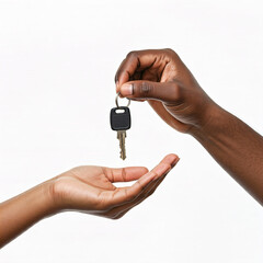 close up hands giving car keys on white background