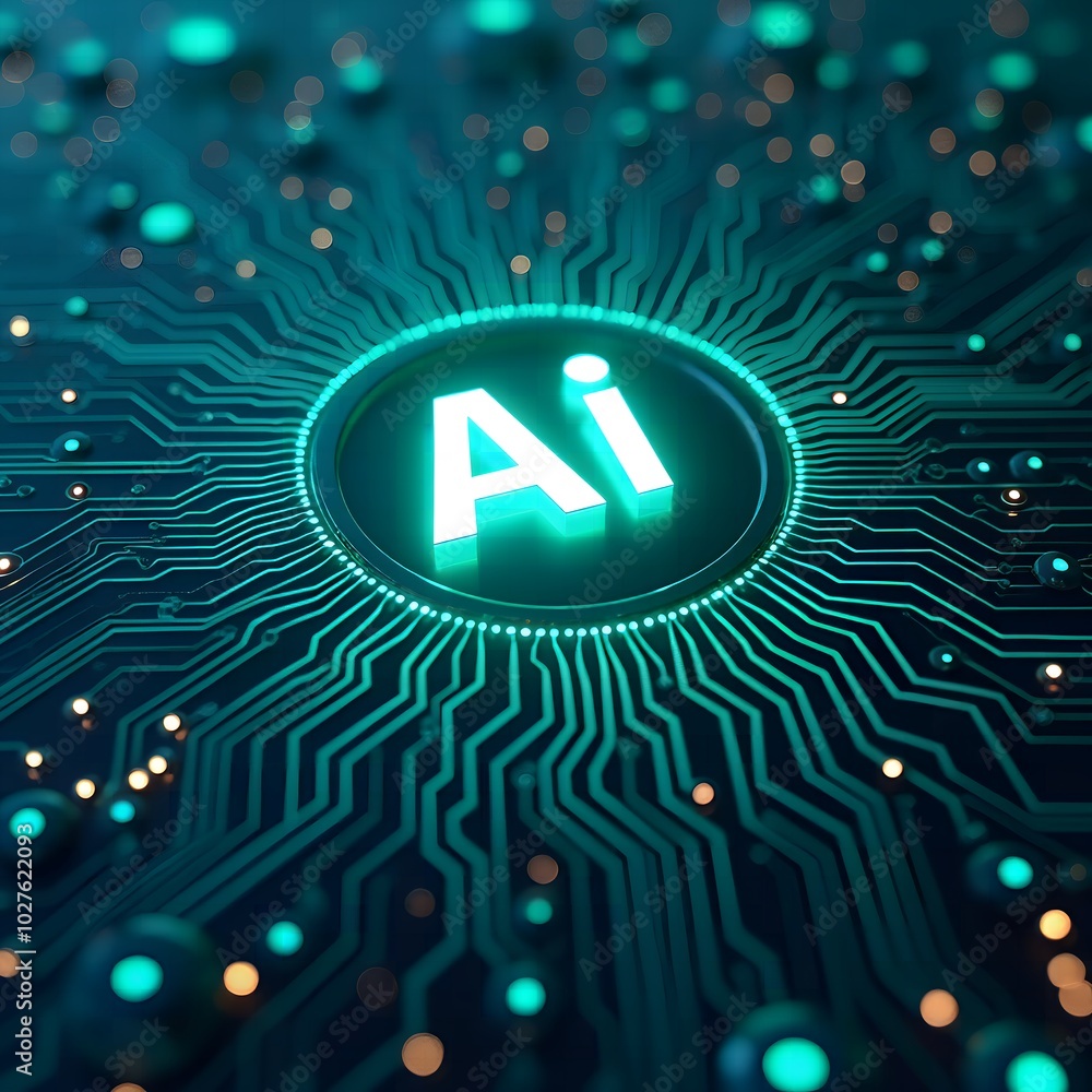 Aufkleber ai chip glowing neon light with thin circuit lines and semiconductor on tech background