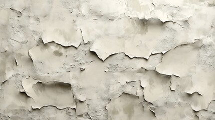 Naklejka premium A textured wall with peeling plaster, showcasing a mix of gray and beige tones, conveying an aged and weathered appearance.