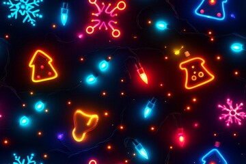 A vibrant digital illustration showcasing glowing neon Christmas decorations against a dark, starry background.