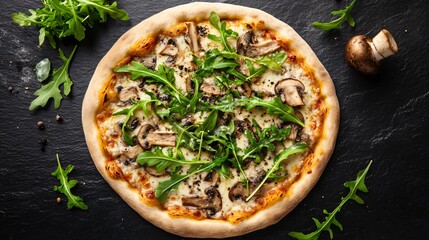A decadent mushroom and truffle oil pizza, topped with arugula, set against a black slate background with elegant gold accents