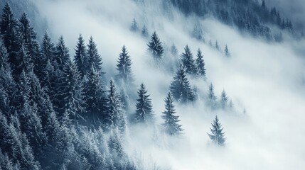 Frosted pine trees on misty mountain slopes