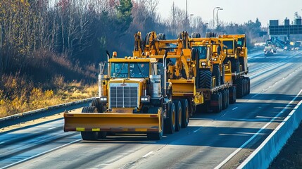 Construction equipment convoy being transported down a highway.