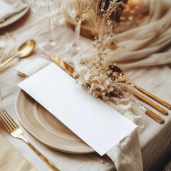 Vertical menu card mockup 4x9 on table, Wedding table setting, restaurant, Blank card mockup for menu, front view