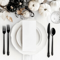 Vertical menu card mockup 4x9 on table, wedding table setting,  blank card for menu, restaurant, Autumn menu, Flat lay, top view
