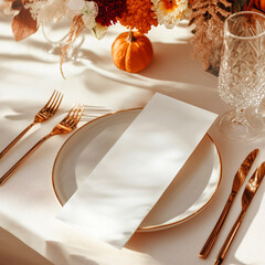 Vertical menu card mockup 4x9 on table, Wedding table setting, restaurant, Blank card mockup for menu, Autumn menu
