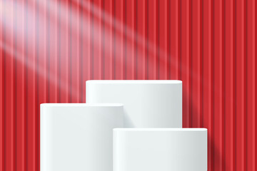 Abstract 3D red podium background. Modern minimalist mockup for product display presentation. Realistic red cylinder pedestal podium.