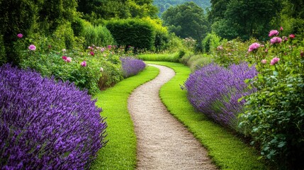 Winding path through purple meadow leading to rose garden