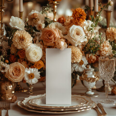 Vertical menu card mockup 4x9 on table, Wedding table setting, restaurant, Blank card mockup for menu, front view