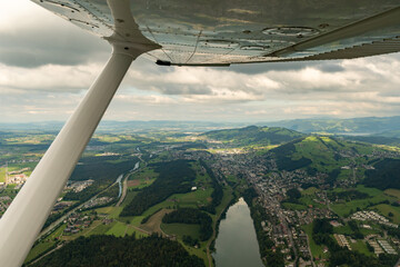 Rural scenery near Luzern in Switzerland seen from a small plane