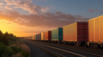 Fototapeta premium A vibrant sunset illuminates a long line of colorful cargo containers on train cars, showcasing industrial transportation against a scenic backdrop.