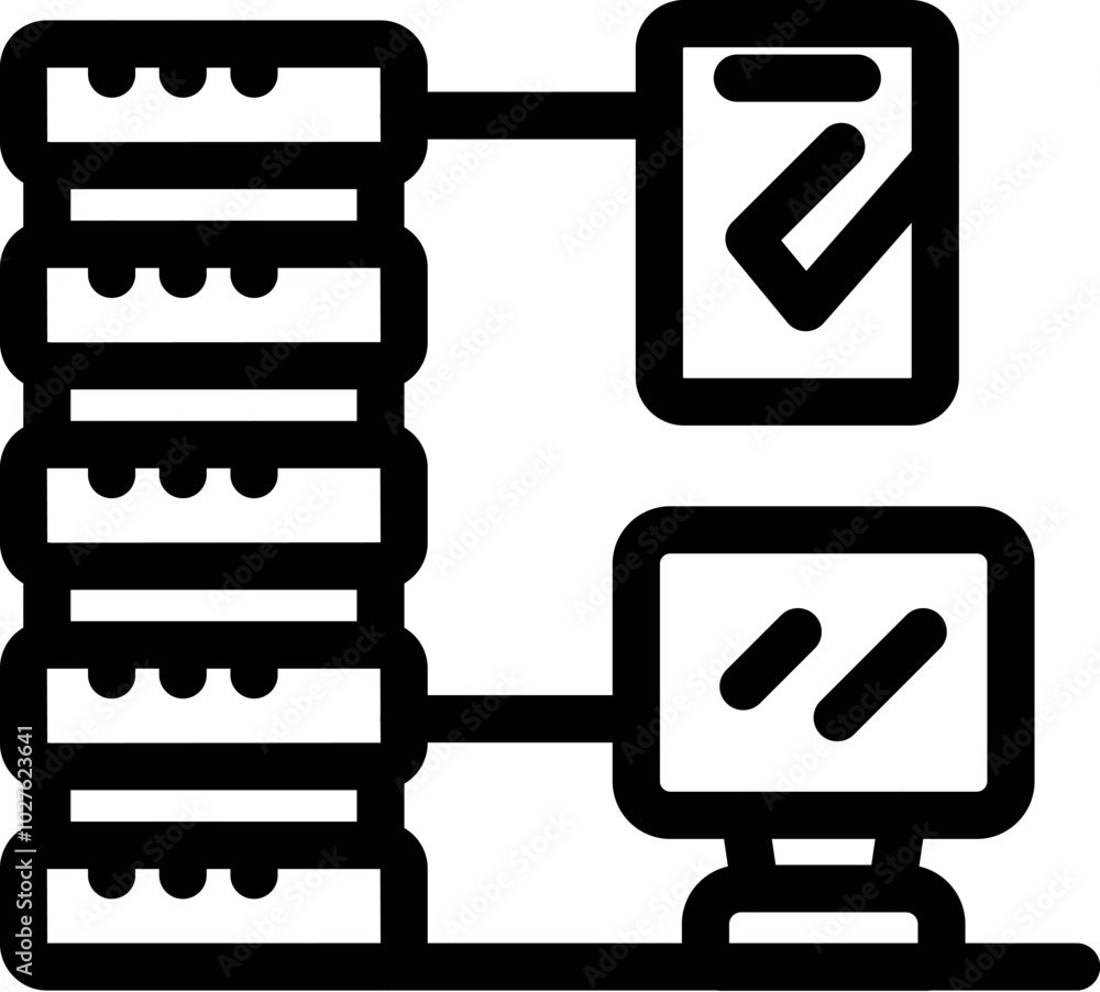 Poster bold line icon representing a server room data processing operation with computer monitoring system