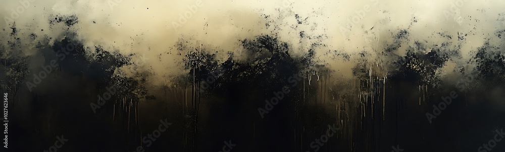 Poster a misty landscape depicting dark silhouettes of trees against a smoky, muted background, creating an