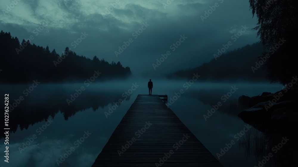 Poster mysterious figure at the end of a dock in twilight
