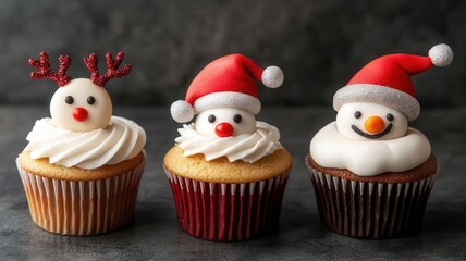 Festively decorated cupcakes featuring a reindeer, snowman, and Santa, perfect for holiday celebrations.