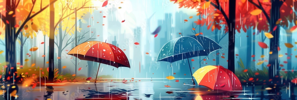 Aufkleber raindrops fall softly as bright umbrellas create a vibrant contrast against the autumn backdrop of t