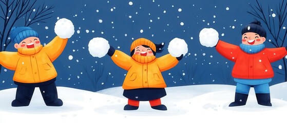 Naklejka premium Three cheerful children play in the snow, joyfully tossing snowballs while wearing colorful winter jackets against a snowy backdrop.