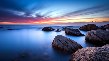 ocean o zachodzie słońca z niebem w tle, krajobraz oceanu i skał, krajobraz wodny, piękne krajobrazy morskie, fotografia niebieskiej godziny, niebieski zachód słońca, spokojne kolory