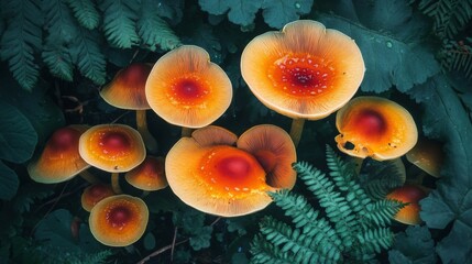 Vibrant Mushrooms Growing Among Lush Ferns