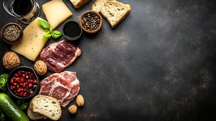 Food and Drink Ingredients Border on Dark Surface.