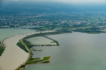 Rhine delta in Austria seen from a small plane