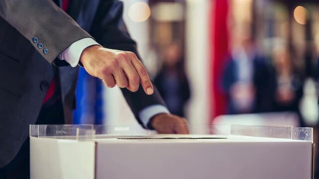 Male citizen throws a ballot paper into a ballot box at a polling station. Concept of presidential or parliamentary elections.