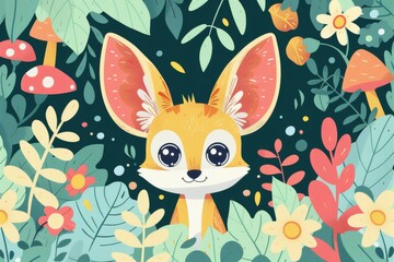 Cute cartoon fennec fox in colorful forest