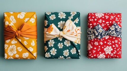 Obraz premium Three beautifully wrapped gifts in vibrant colors, featuring floral patterns and decorative bows on a soft blue background.