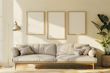Empty wooden picture frame, modern third frame, cream colored wall, modern lamp, modern sofa, modern room, daylight, mockup, Generative Ai 