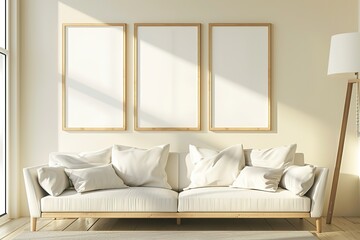 Fototapeta premium Empty wooden picture frame, modern third frame, cream colored wall, modern lamp, modern sofa, modern room, daylight, mockup, Generative Ai 