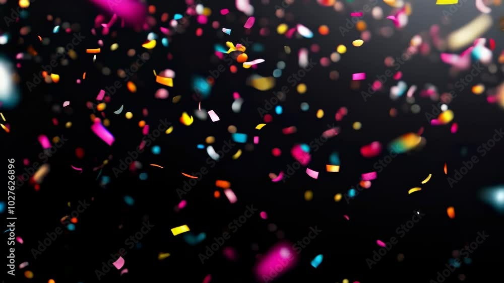 Poster festive flurry of colorful confetti exploding against a dramatic black backdrop, capturing the joy a