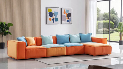 Lively Modern Living Room with Oversized Orange Sofa and Abstract Art against White Walls