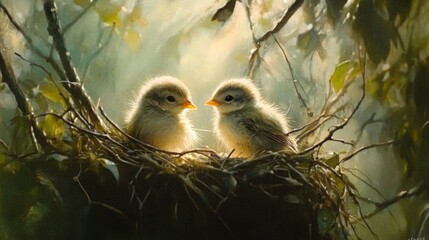 Soft Feathered Chicks in Cozy Nest