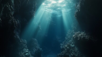 Obraz premium Underwater Cave with Sunbeams Illuminating the Dark Depths