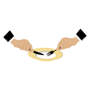 recommend clip art: Vector illustration shows an empty plate and a hand holding a fork, spoon and knife. Person holding cutlery. Concept representing food shortage, hunger. Flat design