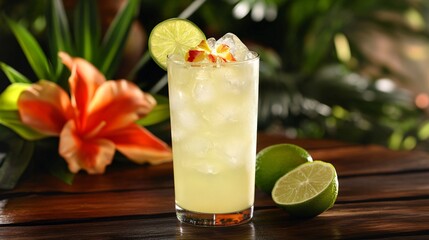 A refreshing Brazilian lemonade with crushed ice, garnished with lime wedges, set against a dark wooden table with decorative tropical flowers