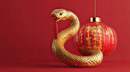 Fototapeta premium Golden Snake with Red Chinese Lantern on Red Background