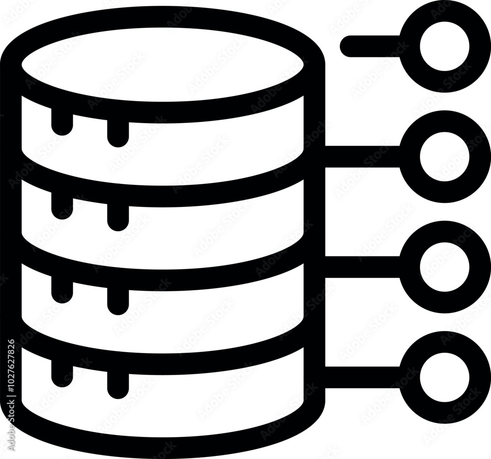 Poster simple black and white vector icon of a database with data being processed or organized