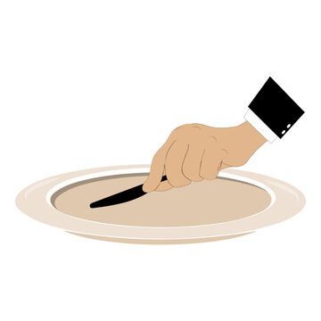 recommend clip art: Vector illustration shows an empty plate and a hand holding a fork, spoon and knife. Person holding cutlery. Concept representing food shortage, hunger. Flat design