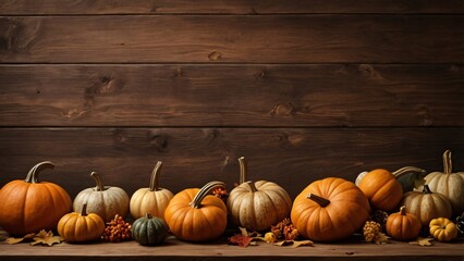 Autumn corner border banner of pumpkins, gourds and fall decor on a rustic wood background with copy space