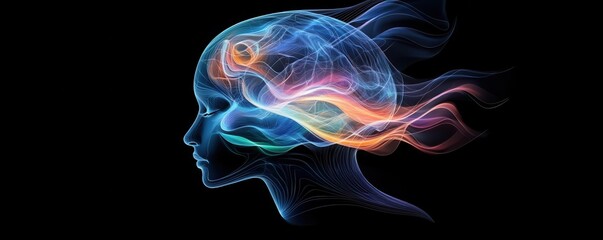 Cognitive processing, digital brain with colorful waves representing thought processes and creativity