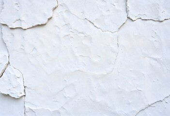 Obraz premium Close-up of a weathered, cracked white plaster wall surface. Material degradation concept. Perfect for backgrounds or textures in design projects.