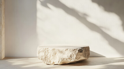  Empty stone podium on beige background in sunlight with shadows for luxury organic cosmetics, skin care, body care, beauty product