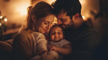 A heartfelt family embrace under soft lighting in a comfortable home environment capturing the love between them
