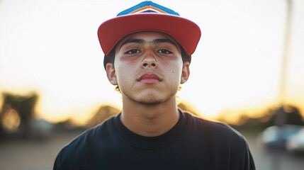 A young man wearing a red hat and a black shirt is standing in front of a car. The image has a casual and relaxed vibe, with the man looking directly at the camera