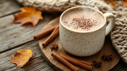 Mug of Hot Chocolate with Cinnamon and Anise on Rustic Wooden Table with Cozy Sweater and Autumn Leaves